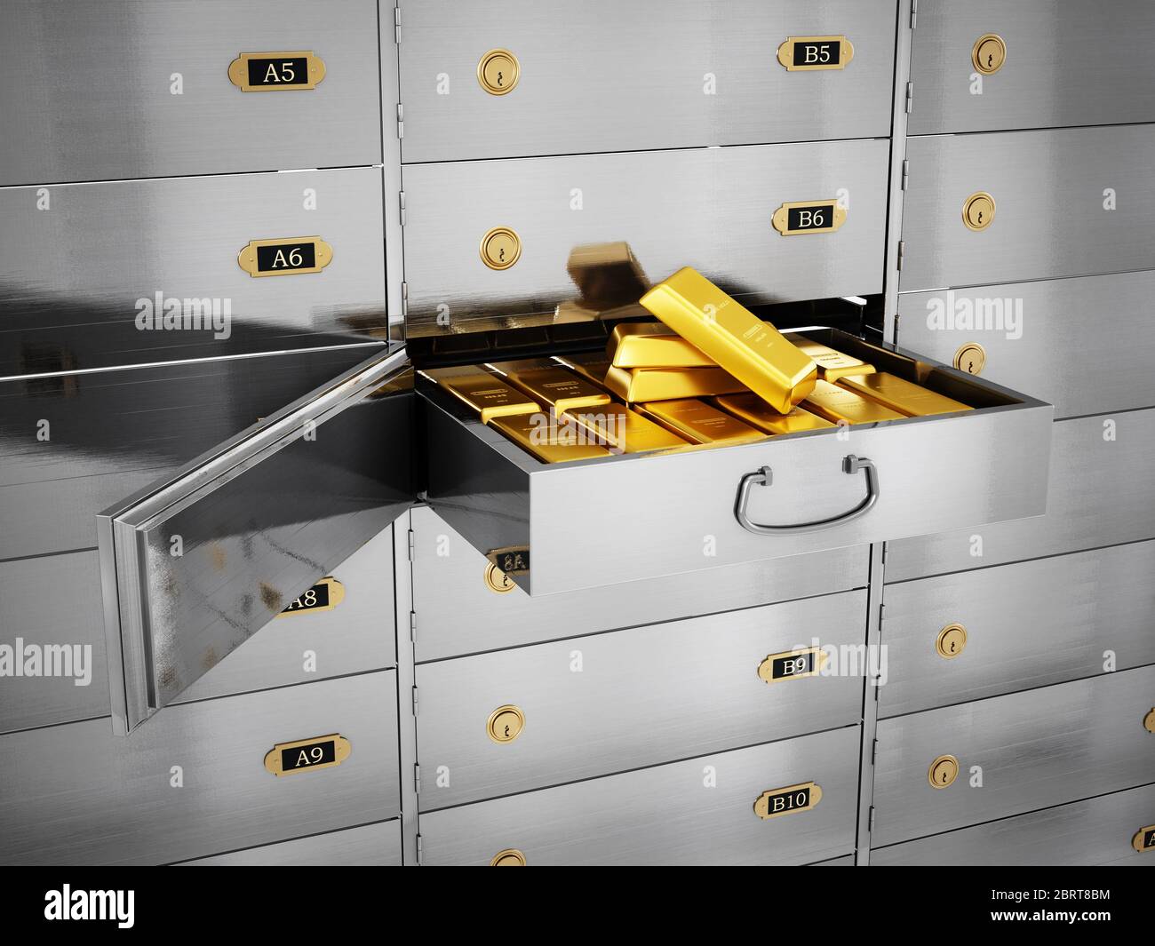 Gold ingots inside private bank deposit box. 3D illustration. Stock Photo