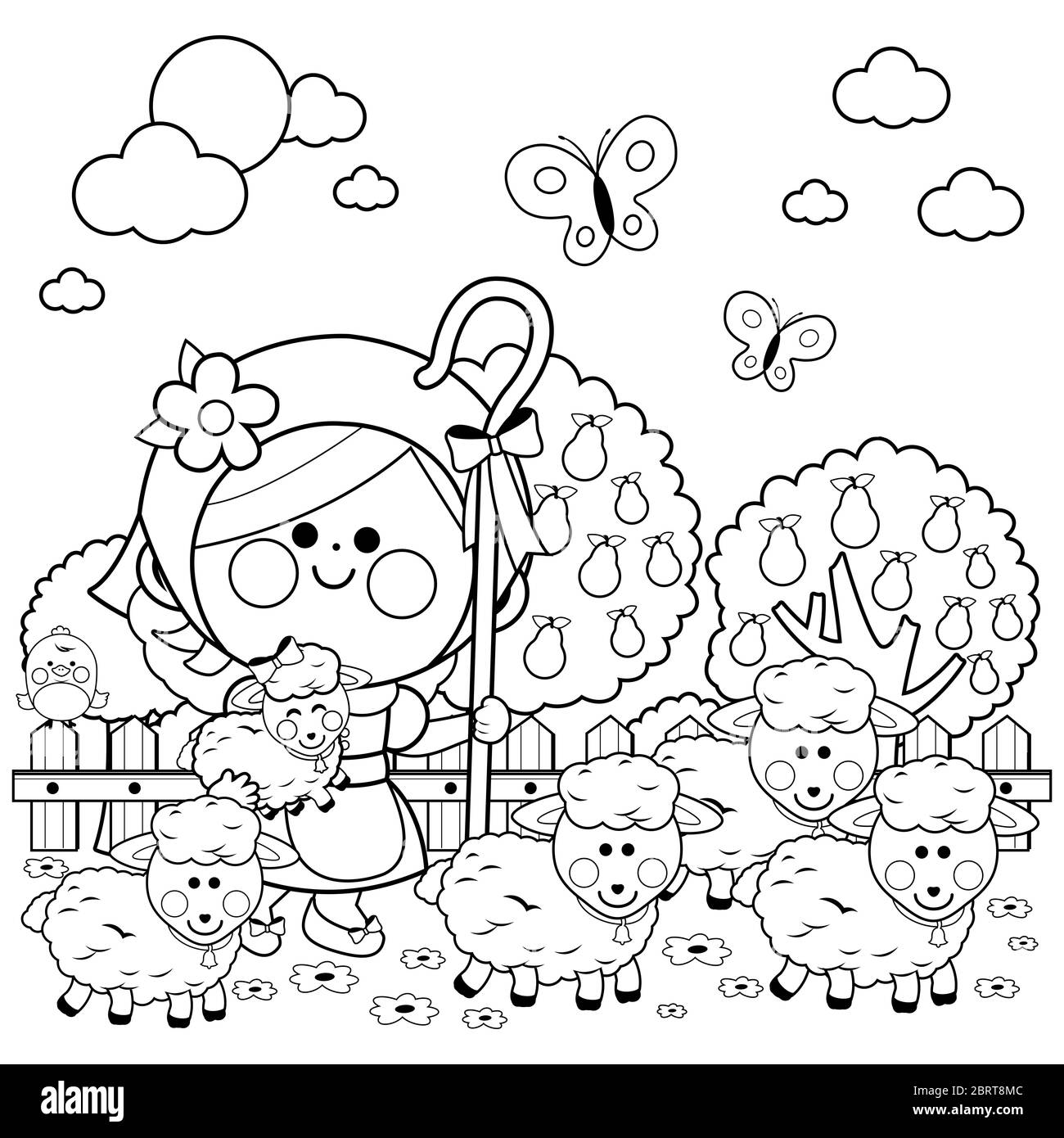 Little shepherdess girl with sheep. Black and white coloring page Stock Photo
