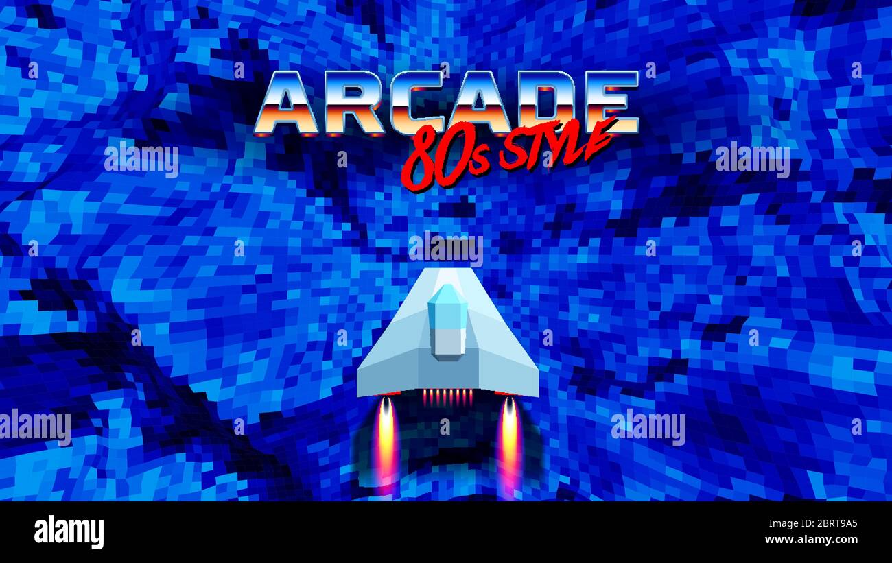 Arcade space ship flying over the the blue corridor or canyon landscape  with 3D mountains, 80s style synthwave or retrowave scenic view Stock  Vector Image & Art - Alamy