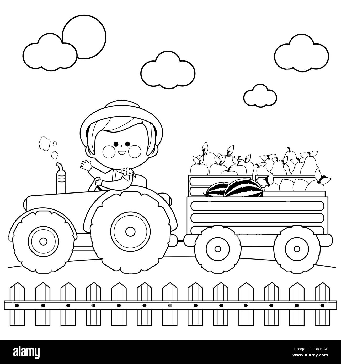 Farmer at the farm driving a tractor and carrying fruits in crates. Black and white coloring page Stock Photo
