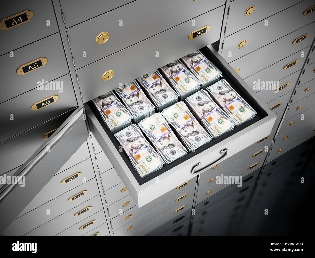 100 dollar bills inside private bank deposit box. 3D illustration. Stock Photo