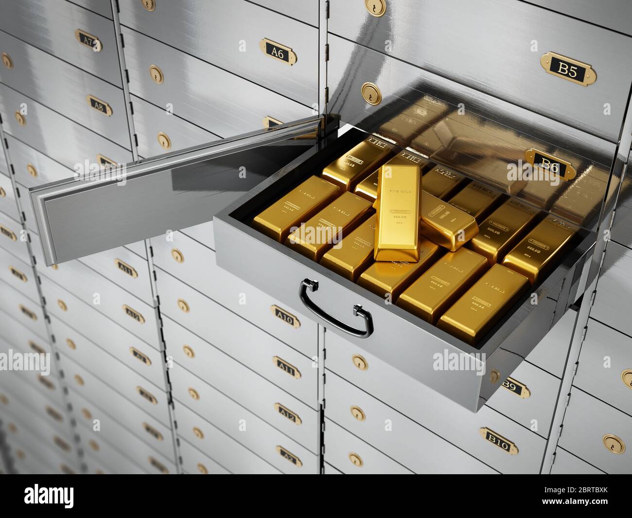 Gold ingots inside private bank deposit box. 3D illustration. Stock Photo