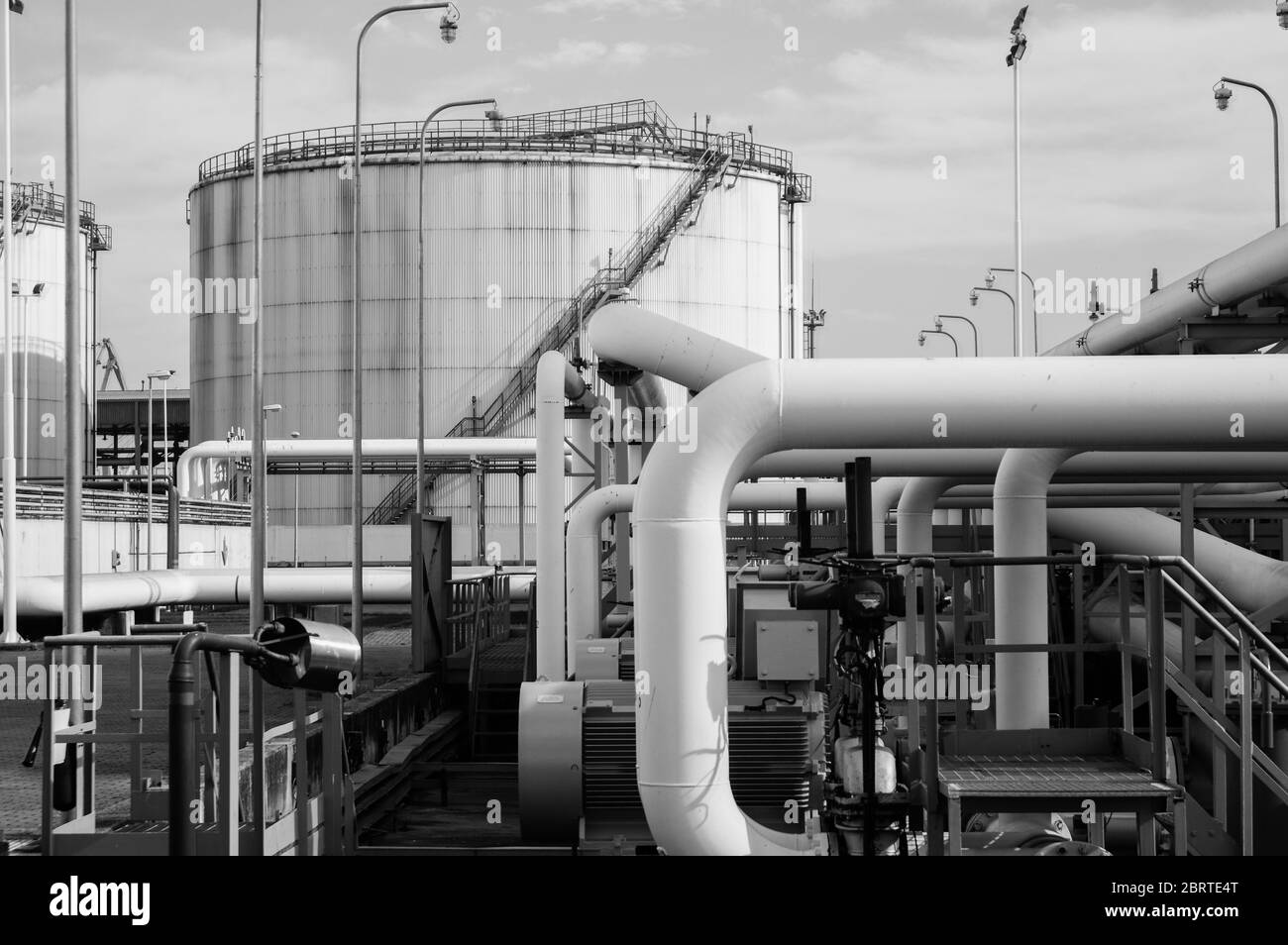 Crude oil tank in the oil refinery. Storage tanks for oil. Tanks for