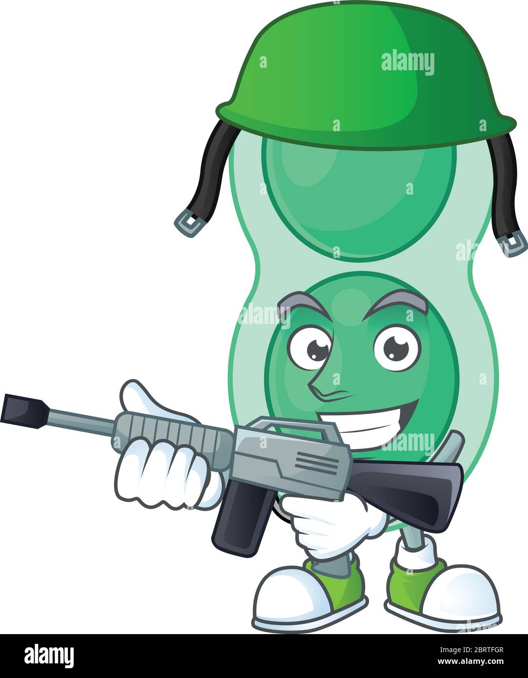 A mascot design picture of green streptococcus pneumoniae as a dedicated Army using automatic gun Stock Vector