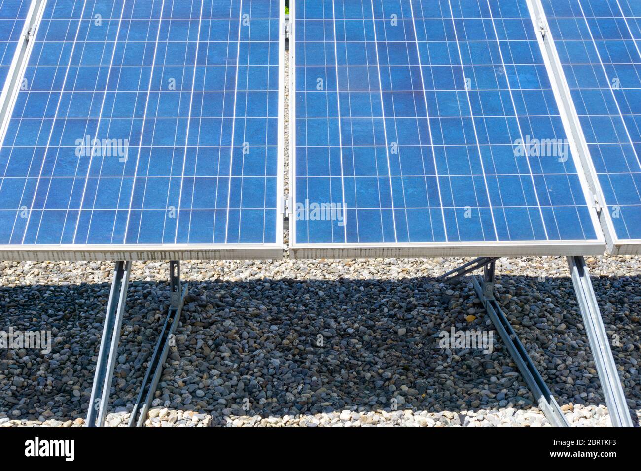 A close up view of a row of modern solar panels on a flat rooftop Stock ...