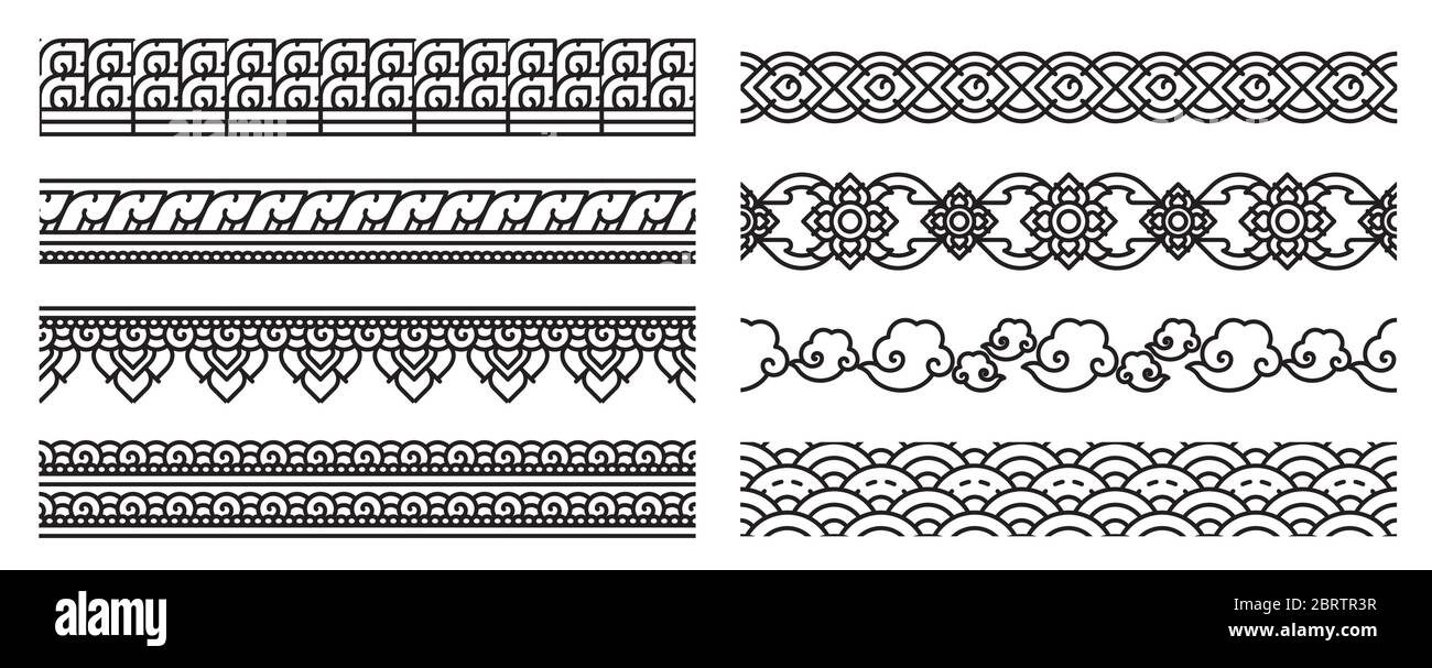 Modern Thai art line seamless border. Old lace patterns. Bold line cute and doodle art use for decoration thai artwork conceptual. Stock Vector