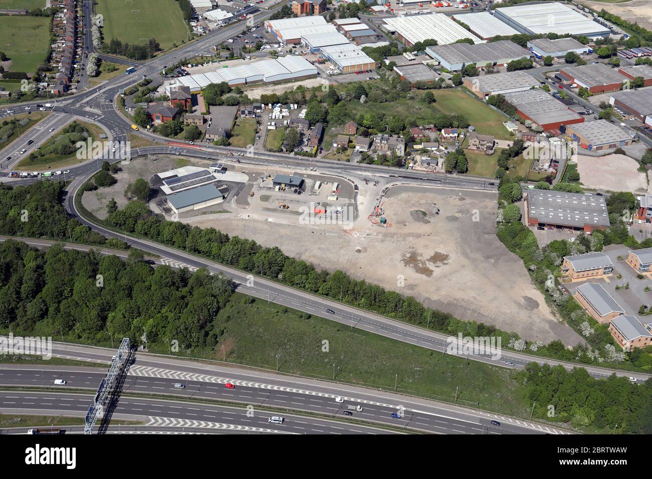 aerial view of land being developed at junction 27 of the M62, Gildersome, Leeds Stock Photo
