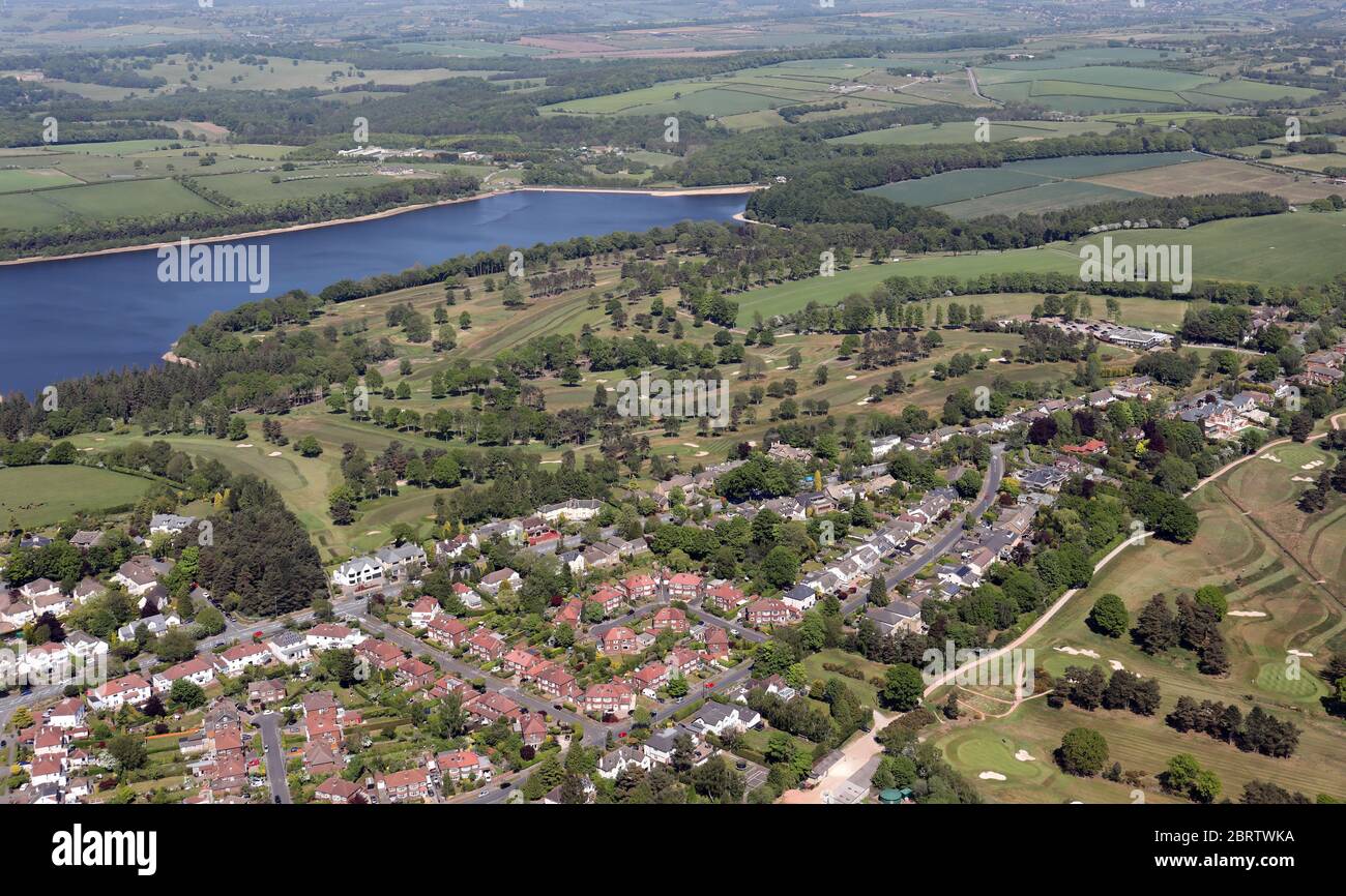 aerial view of Alwoodley, Leeds with Sand Moor Golf Club and Eccup Reservoir mid foreground & background respectively, West Yorkshire Stock Photo