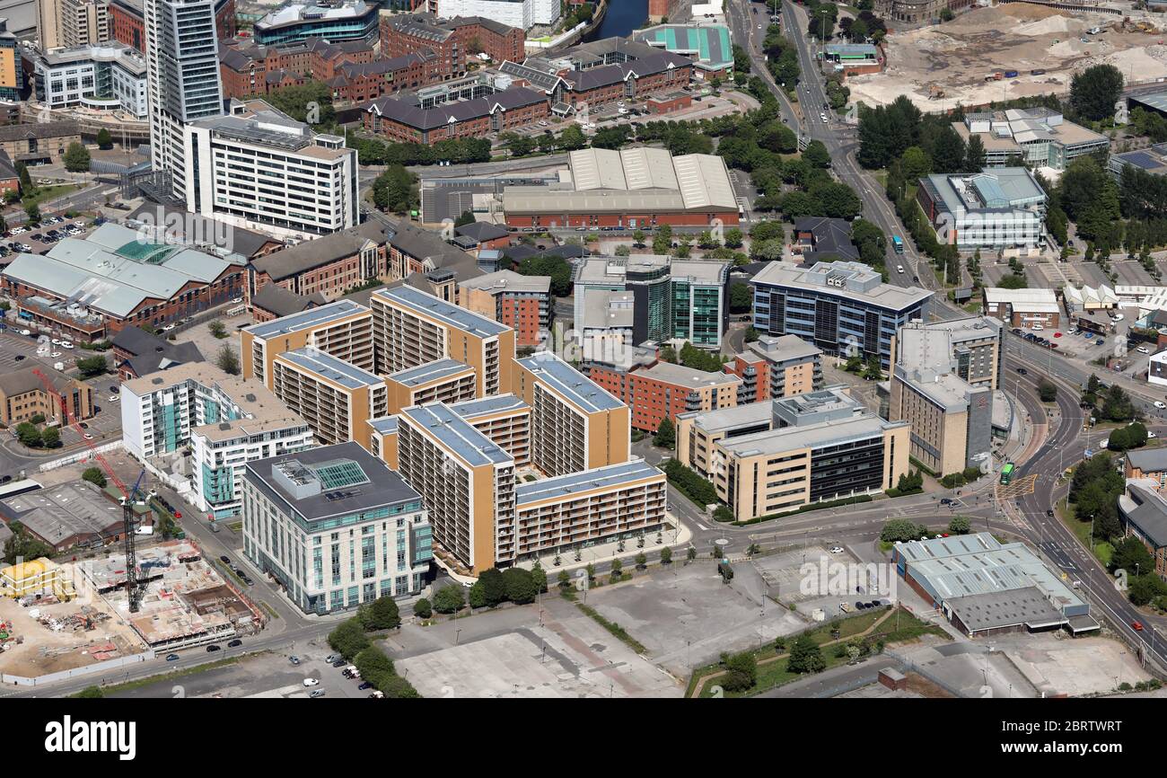 aerial view of new office blocks built in Holbeck, Leeds just south of the railway station & city centre Stock Photo