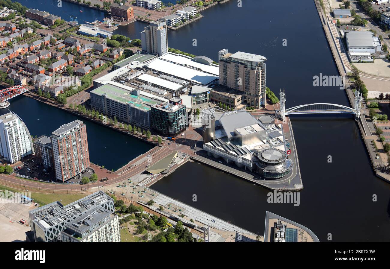 aerial view of The Quays & Lowry Centre at Salford Quays near Manchester Stock Photo