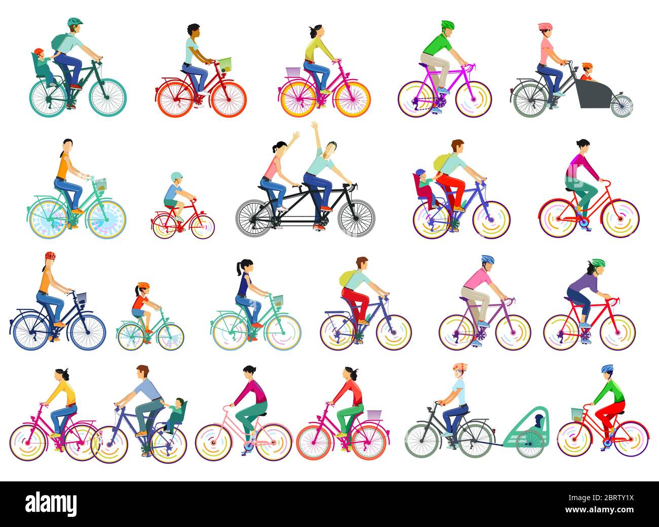 Large group of cyclists, set isolated, vector illustration Stock Vector