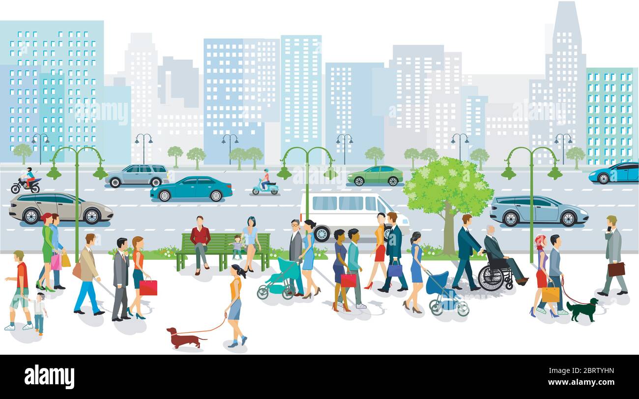 Big city with public transport, pedestrians and road traffic ...