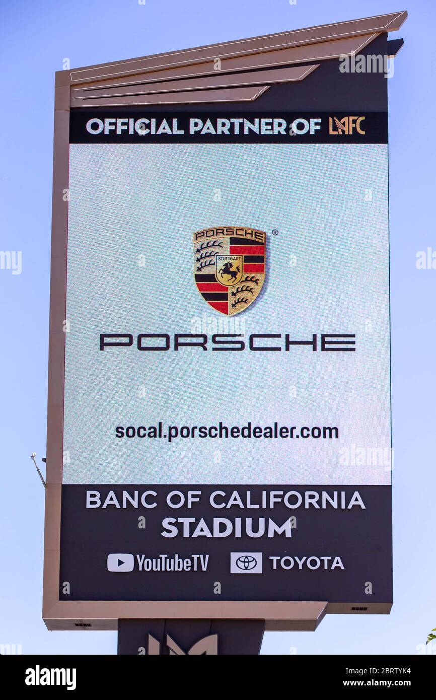 Los Angeles, United States. 20th May, 2020. Los Angeles, California. May 20 2020: Banc of California Stadium Marquee displaying Porsche along the Interstate 110 freeway in the wake of the coronavirus COVID-19 pandemic, Wednesday, May 20, 2020. in Los Angeles, California, USA. (Photo by IOS/Espa-Images) Credit: European Sports Photo Agency/Alamy Live News Stock Photo