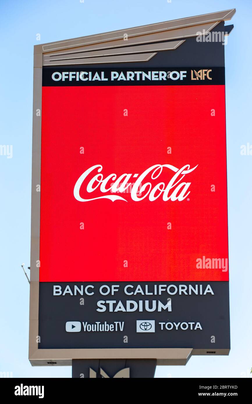 Los Angeles, United States. 20th May, 2020. Los Angeles, California. May 20 2020: Banc of California Stadium Marquee displaying Coca-Cola along the Interstate 110 freeway in the wake of the coronavirus COVID-19 pandemic, Wednesday, May 20, 2020. in Los Angeles, California, USA. (Photo by IOS/Espa-Images) Credit: European Sports Photo Agency/Alamy Live News Stock Photo