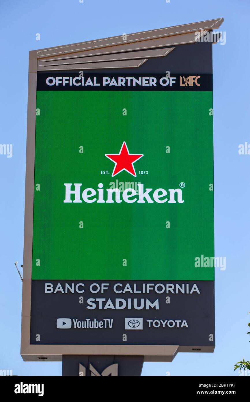 Los Angeles, United States. 20th May, 2020. Los Angeles, California. May 20 2020: Banc of California Stadium Marquee displaying Heineken along the Interstate 110 freeway in the wake of the coronavirus COVID-19 pandemic, Wednesday, May 20, 2020. in Los Angeles, California, USA. (Photo by IOS/Espa-Images) Credit: European Sports Photo Agency/Alamy Live News Stock Photo