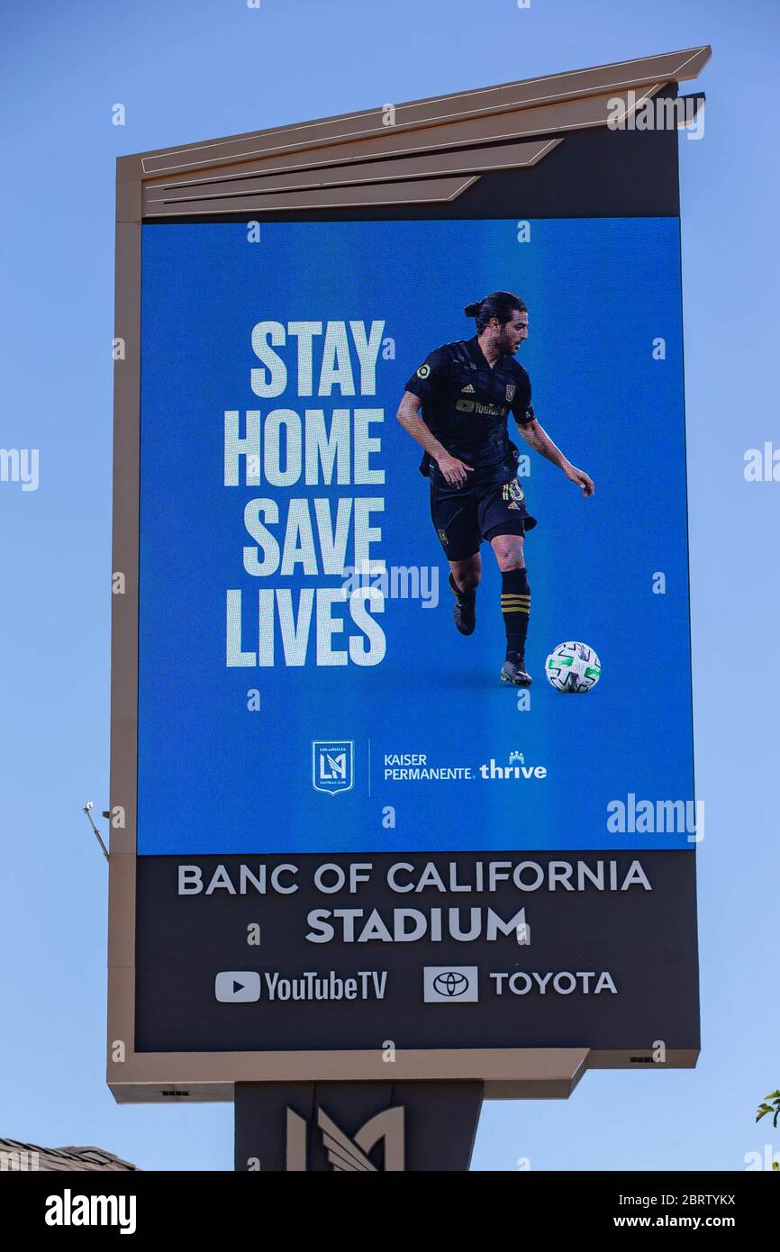 Los Angeles, United States. 20th May, 2020. Los Angeles, California. May 20 2020: Banc of California Stadium Marquee displaying LAFC along the Interstate 110 freeway in the wake of the coronavirus COVID-19 pandemic, Wednesday, May 20, 2020. in Los Angeles, California, USA. (Photo by IOS/Espa-Images) Credit: European Sports Photo Agency/Alamy Live News Stock Photo