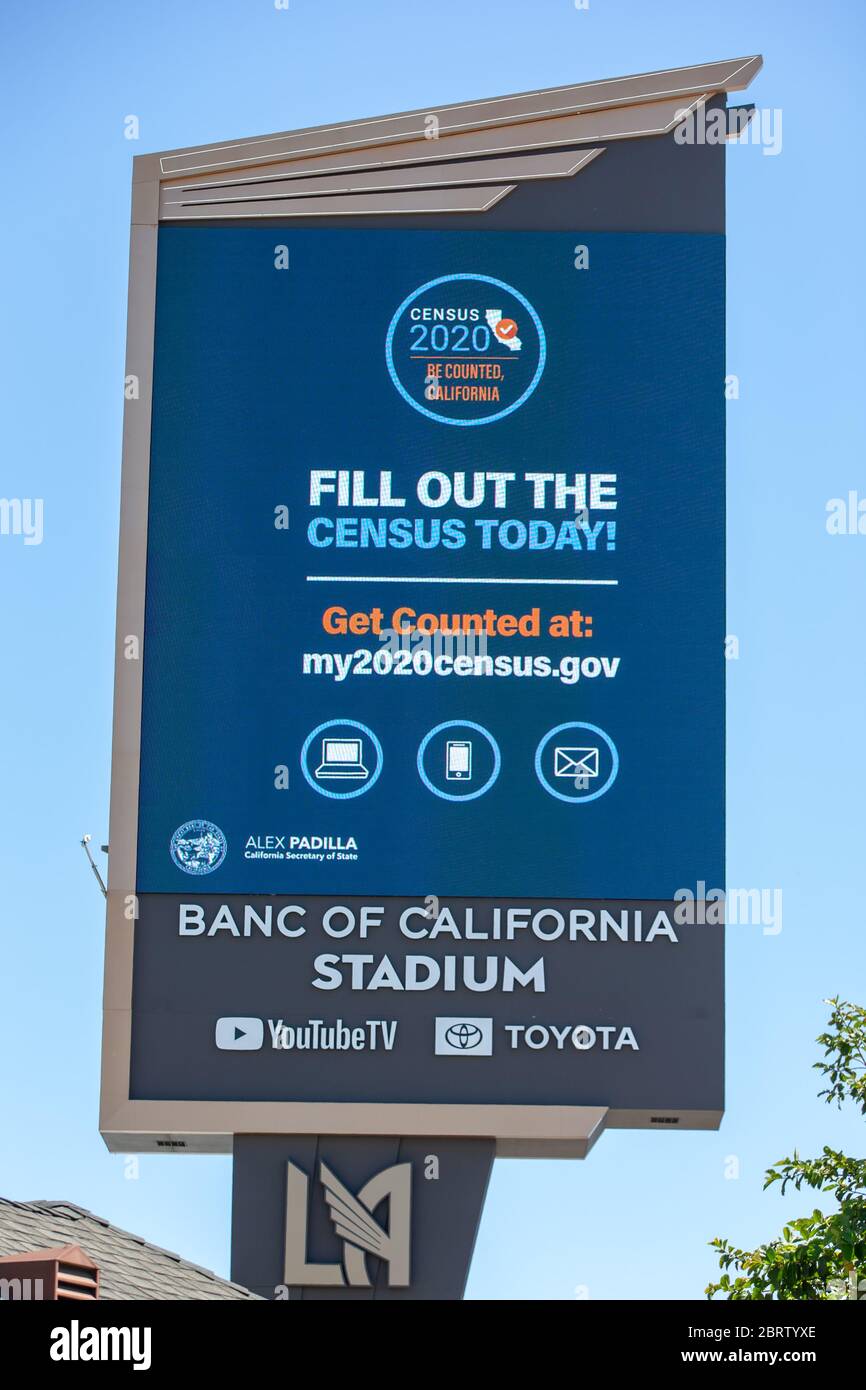 Los Angeles, United States. 20th May, 2020. Los Angeles, California. May 20 2020: Banc of California Stadium Marquee displaying 2020 Census along the Interstate 110 freeway in the wake of the coronavirus COVID-19 pandemic, Wednesday, May 20, 2020. in Los Angeles, California, USA. (Photo by IOS/Espa-Images) Credit: European Sports Photo Agency/Alamy Live News Stock Photo