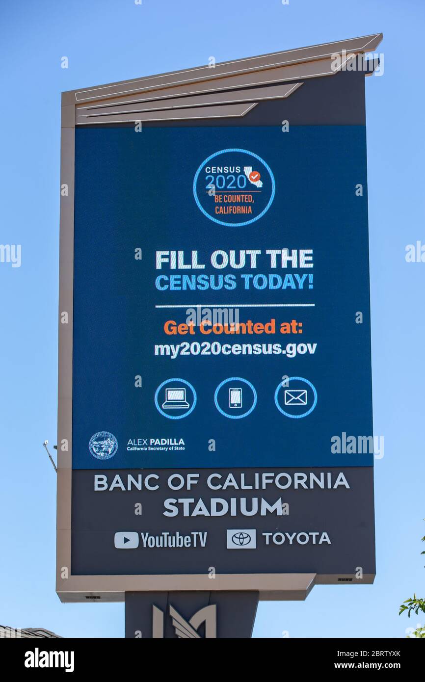 Los Angeles, United States. 20th May, 2020. Los Angeles, California. May 20 2020: Banc of California Stadium Marquee displaying 2020 Census along the Interstate 110 freeway in the wake of the coronavirus COVID-19 pandemic, Wednesday, May 20, 2020. in Los Angeles, California, USA. (Photo by IOS/Espa-Images) Credit: European Sports Photo Agency/Alamy Live News Stock Photo