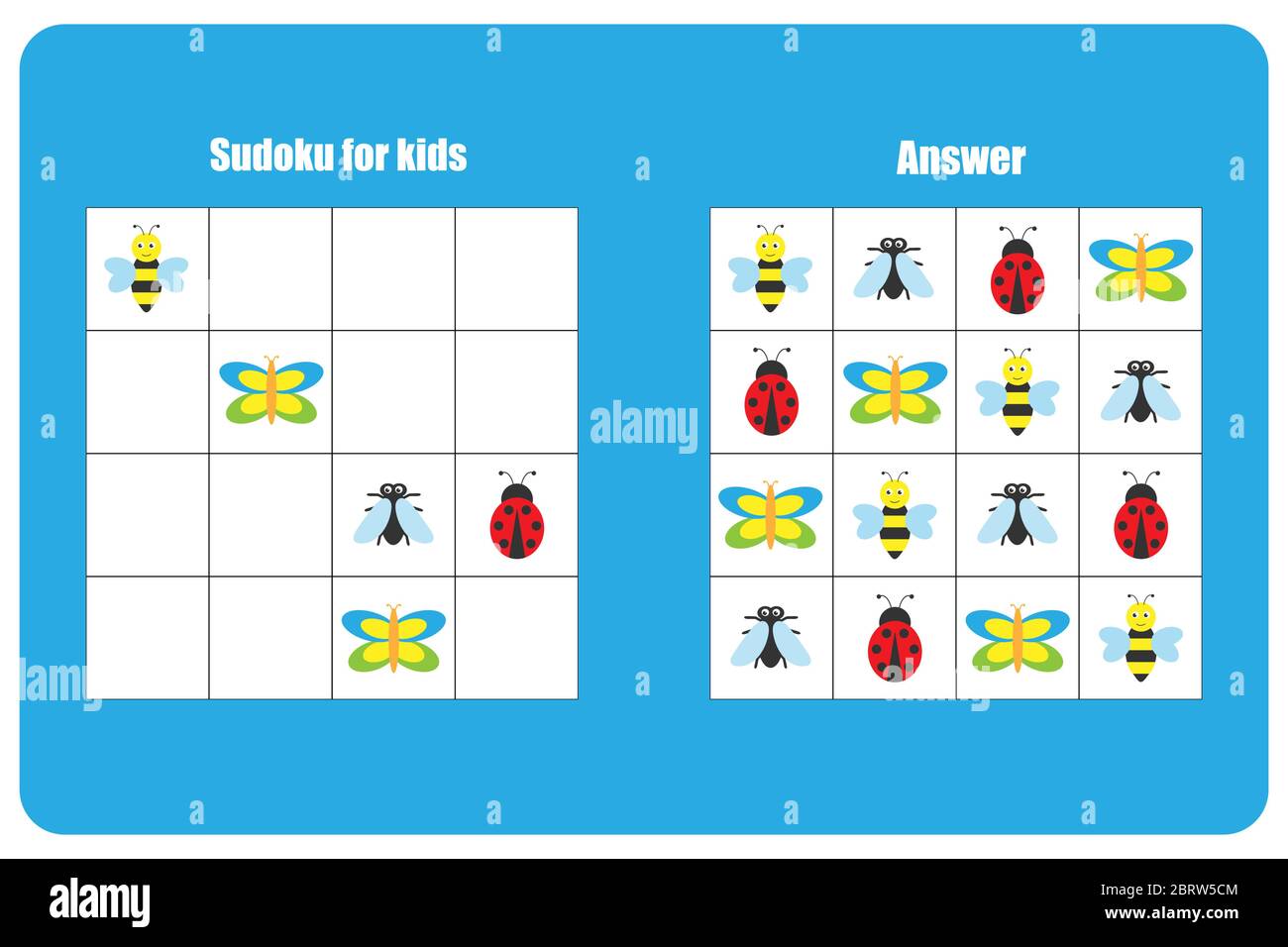 Sudoku game with insects for children, easy level, education game for kids, preschool worksheet activity, task for the development of logical thinking Stock Vector