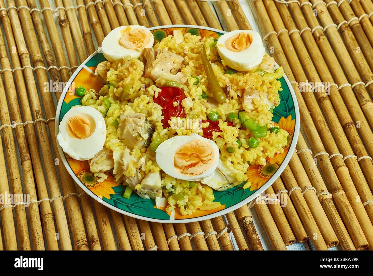 Smoked Spanish paprika paella with cod close up Stock Photo Alamy