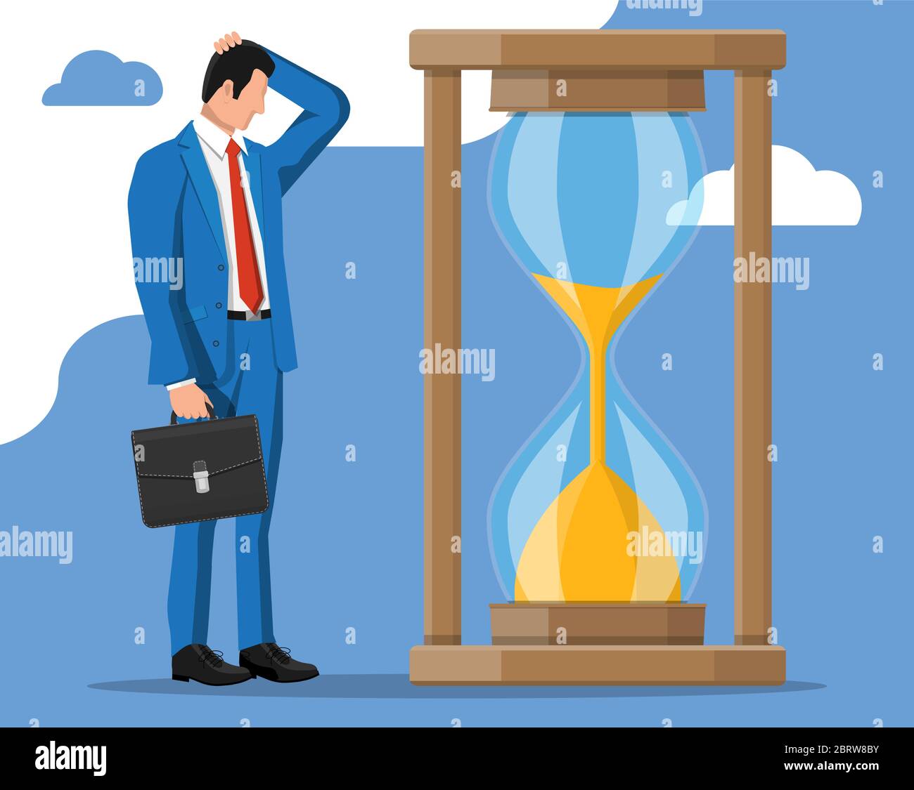 Desperate businessman near fast running hourglass clock. Time ...