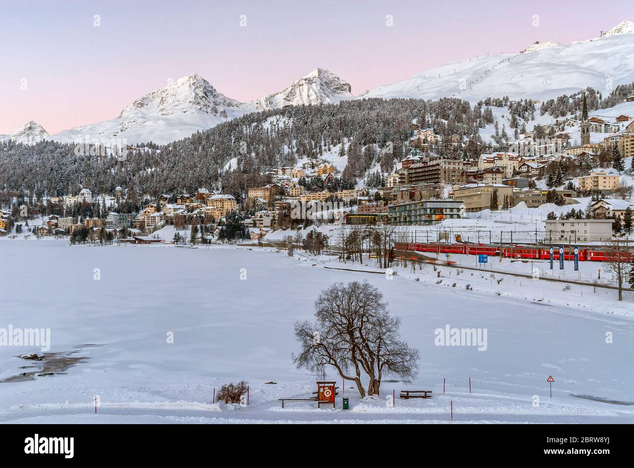 Dawn over St.Moritz and the Lake St.Moritz, Engadine, Switzerland Stock Photo