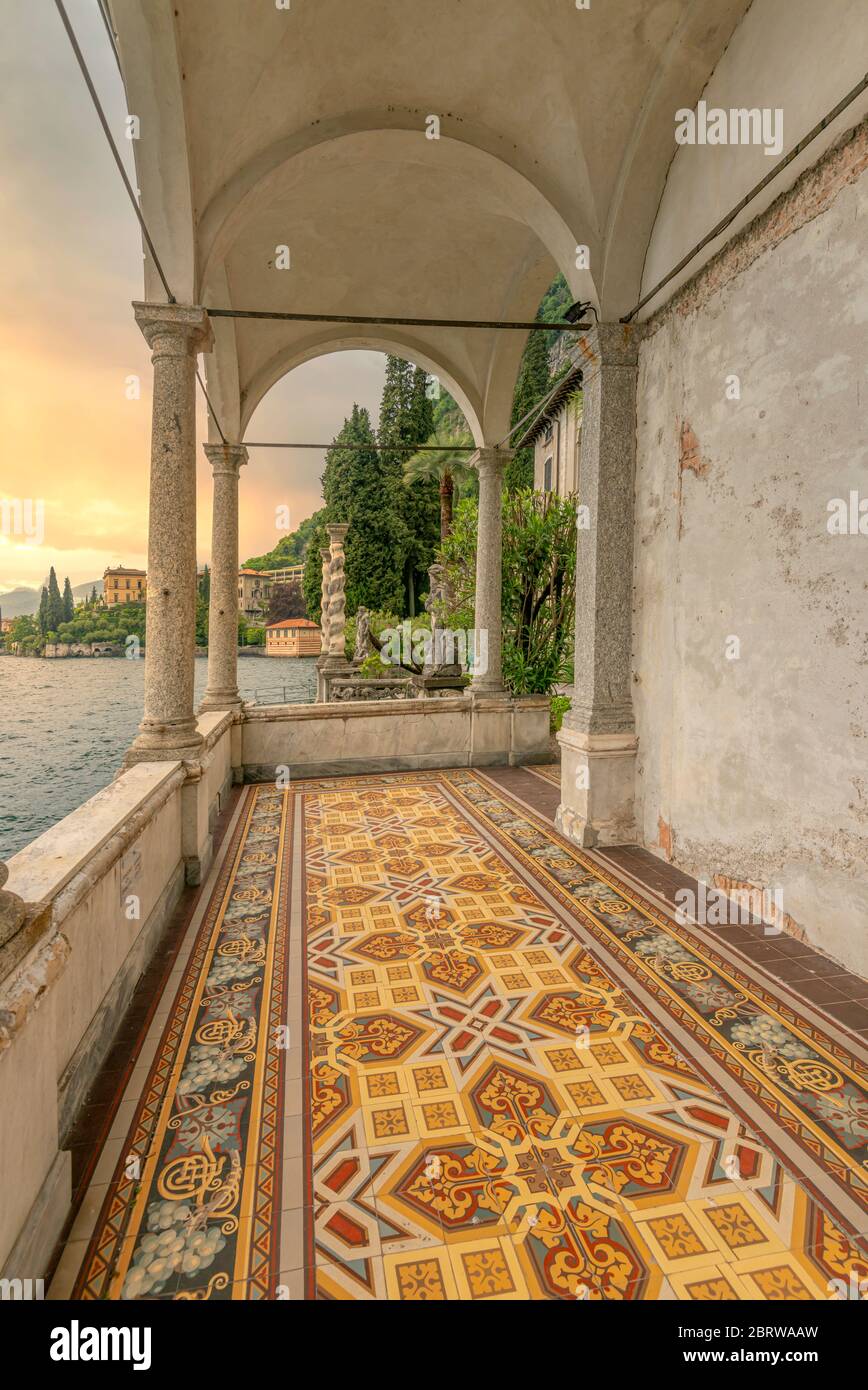 Ornate tiled floor at the pavilion at the Botanic Garden of Villa Monastero, Varenna, Lombardy, Italy Stock Photo