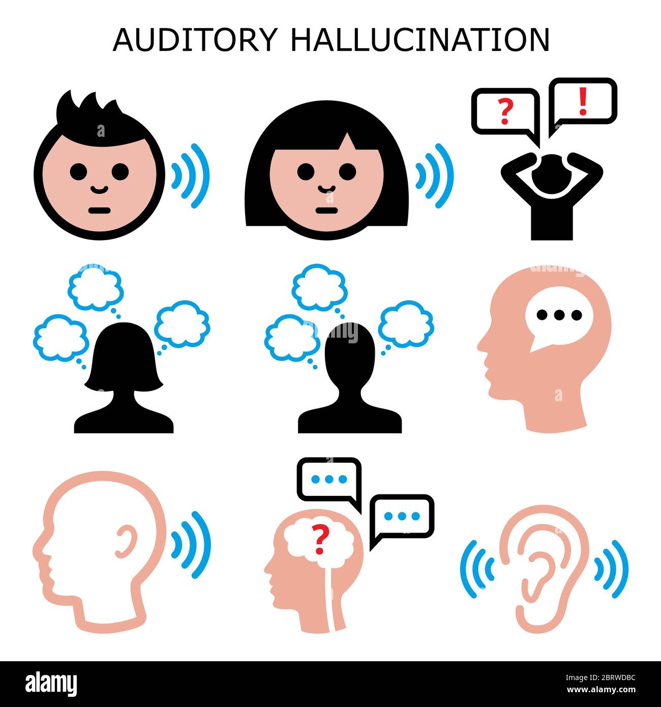 Auditory sound hallucination - hearing voices in the head, schizophrenia vector color icons set - paracusia concept Stock Vector