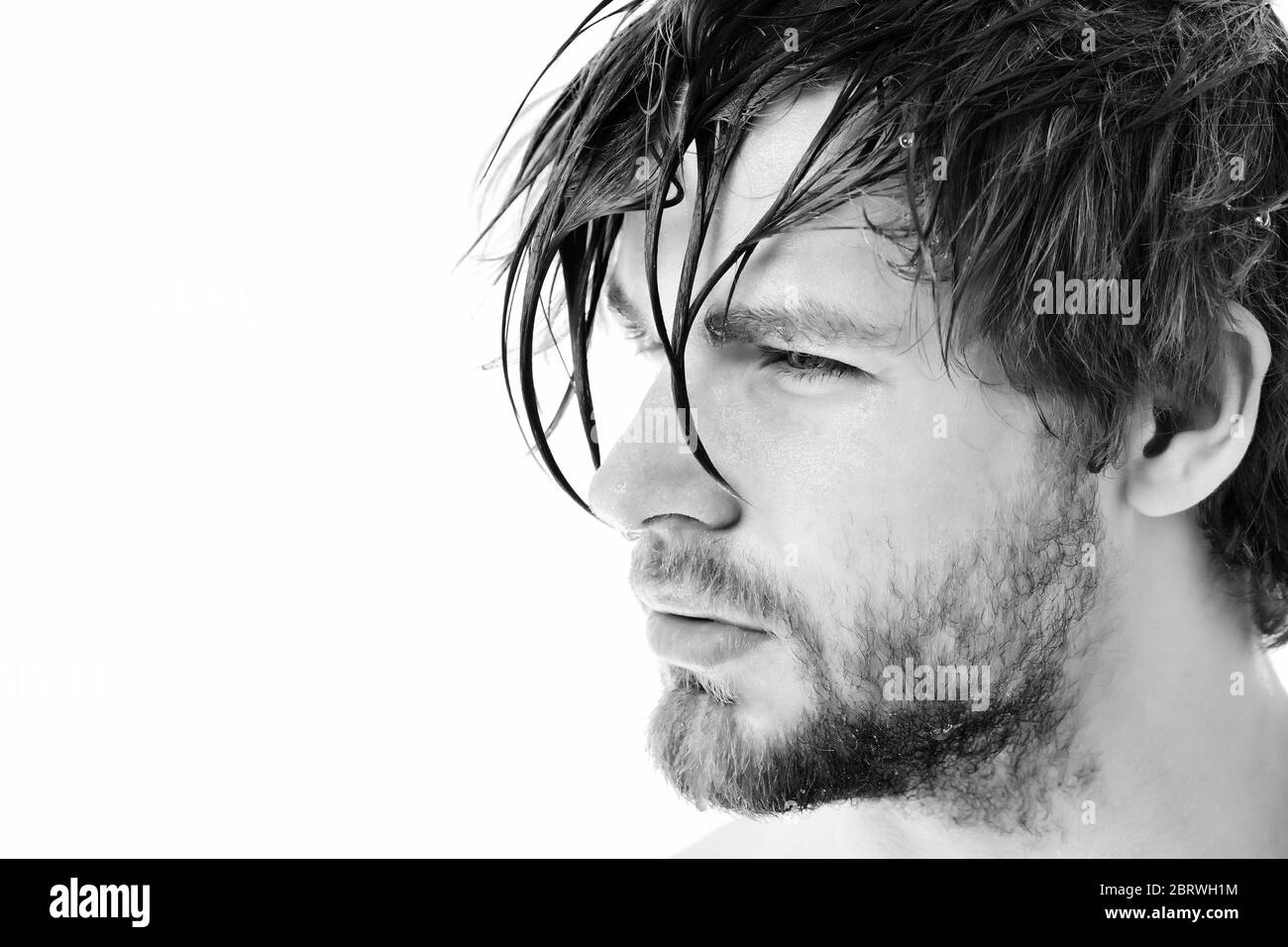 Macho with fair beard, serious face and short hair. Guy with messy wet  fringe looks aside isolated on white background, copy space. Shower time  concept Stock Photo - Alamy