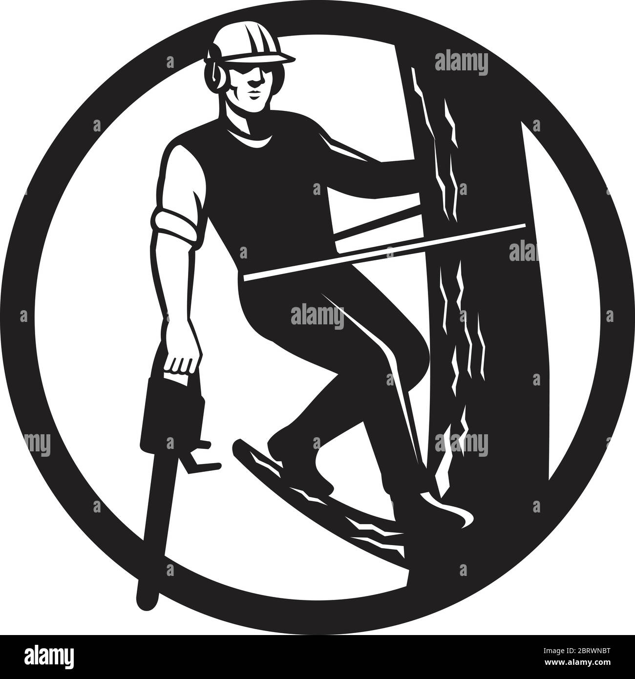 Black and White Icon retro style illustration of tree surgeon, arborist, or arboriculturist, holding chainsaw trimming a tree set inside in circle on Stock Vector