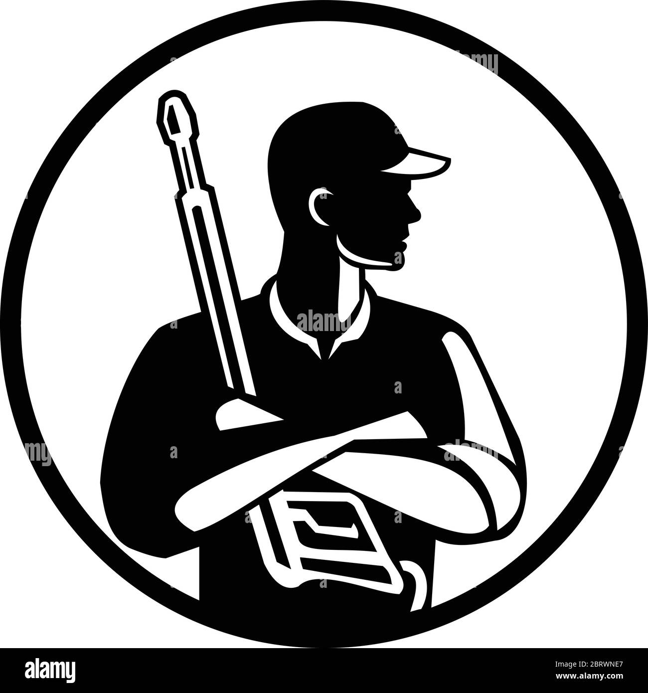 Black and White Illustration of power washer worker with arms crossed holding pressure washing gun looking to the side viewed from front set inside ci Stock Vector