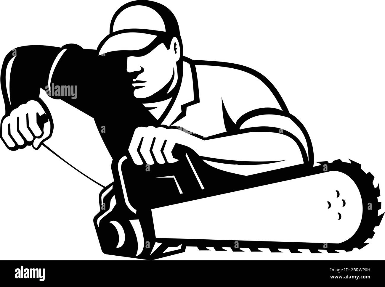 Black and White Illustration of a lumberjack, arborist, tree surgeon