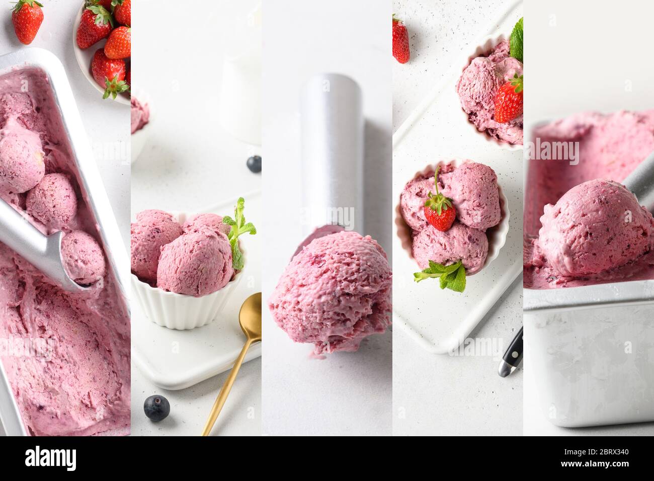 Homemade strawberry ice cream, sorbet on white background. Clean eating