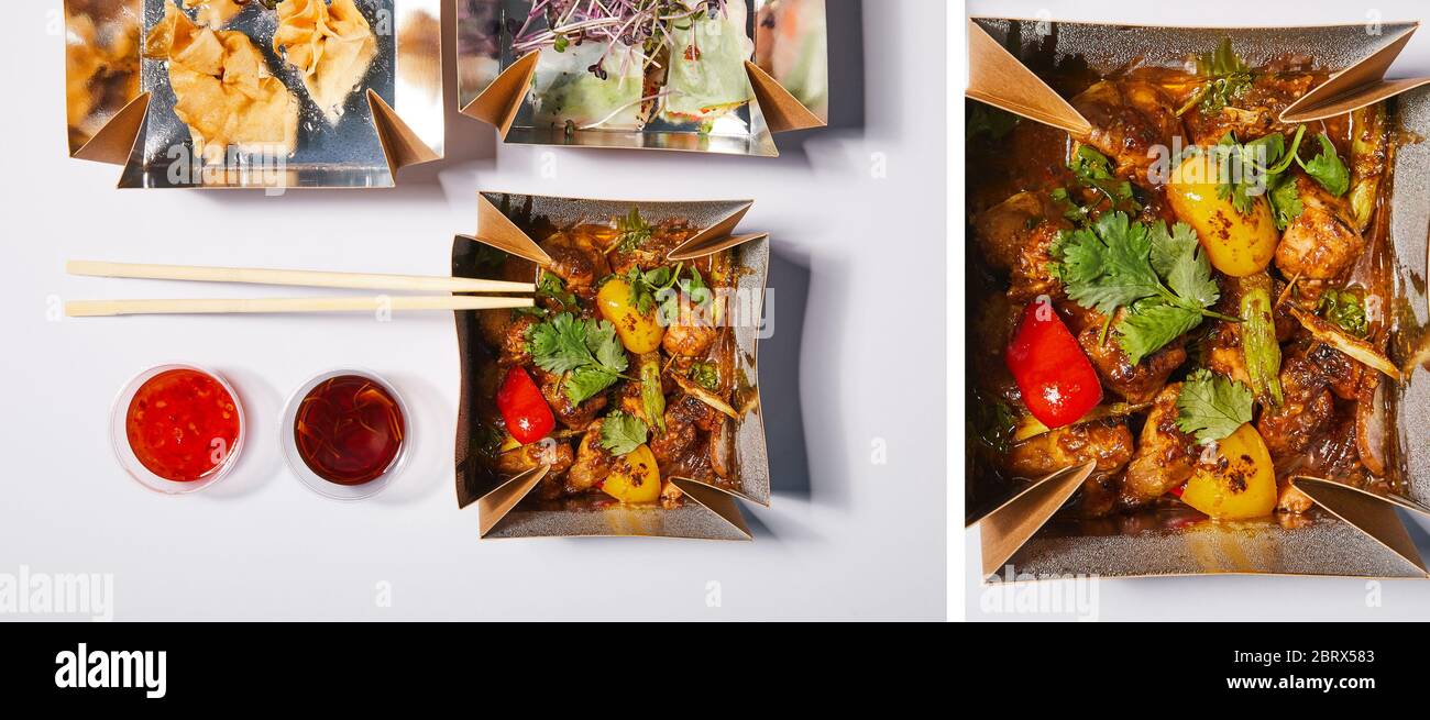 collage of sauces and chopsticks near takeaway boxes with prepared chinese food on white Stock