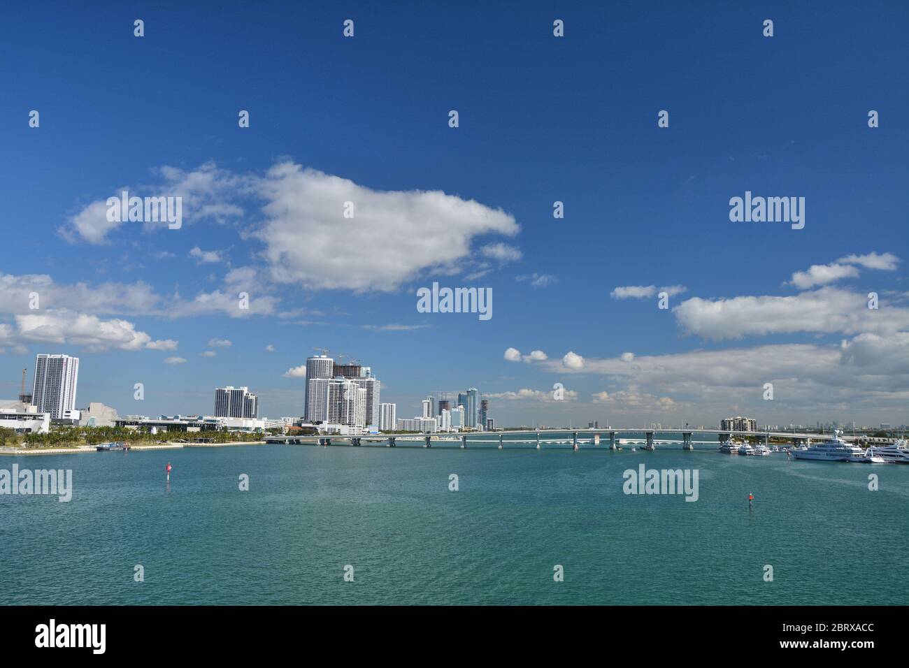 View from Port Boulevard on Biscayne Bay and MacArthur Causeway in Miami Stock Photo