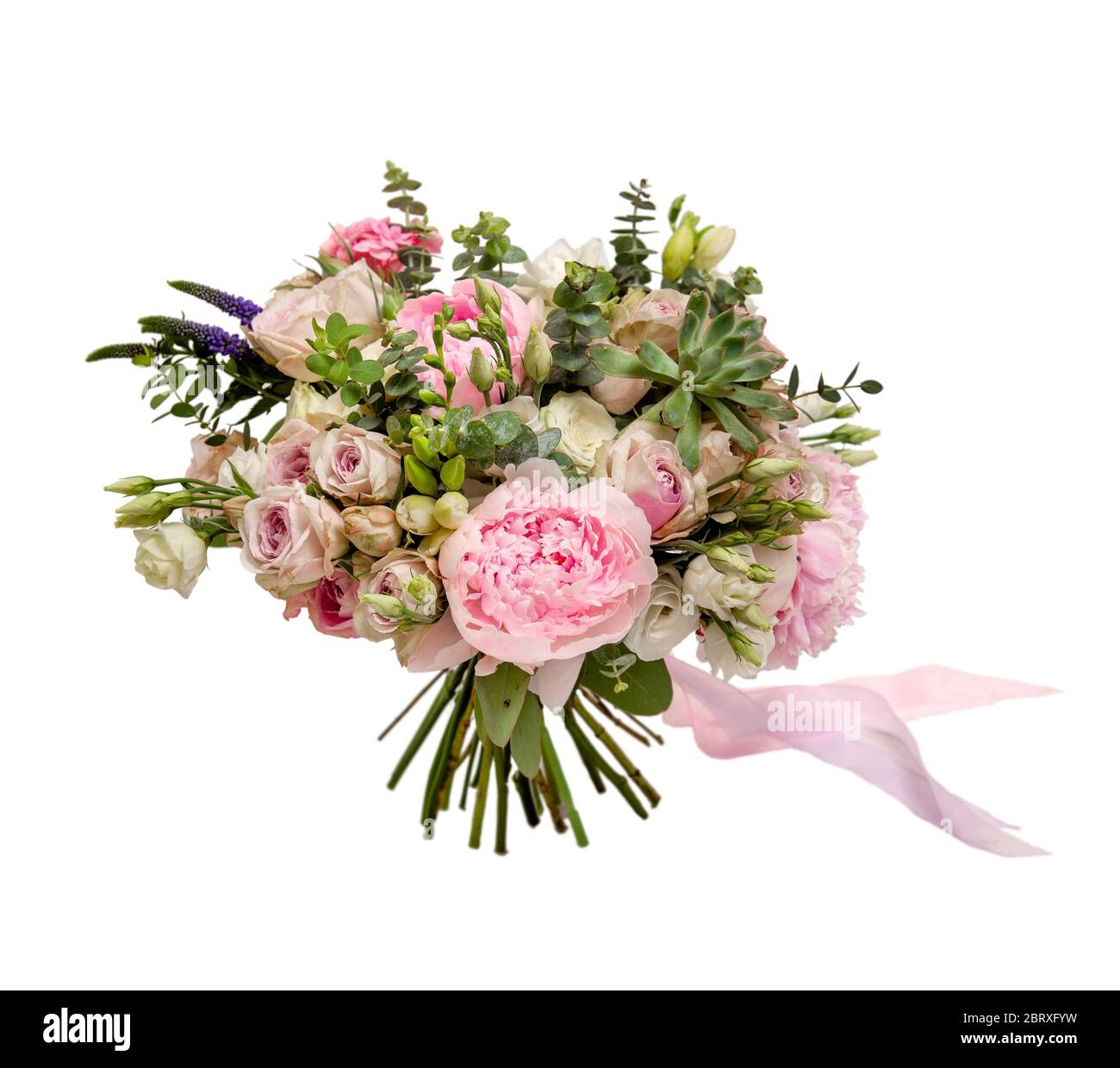 a wedding bouquet in pastel colors, consisting of roses, peonies