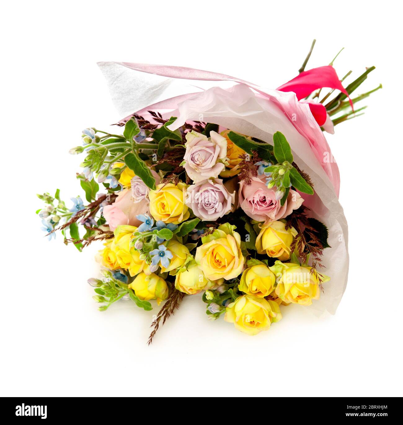 pink and yellow roses in wooden box Stock Photo Alamy
