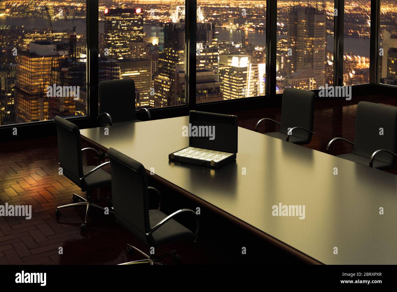 3D rendering of a briefcase full of money insede an empty office at night in New York City. Stock Photo