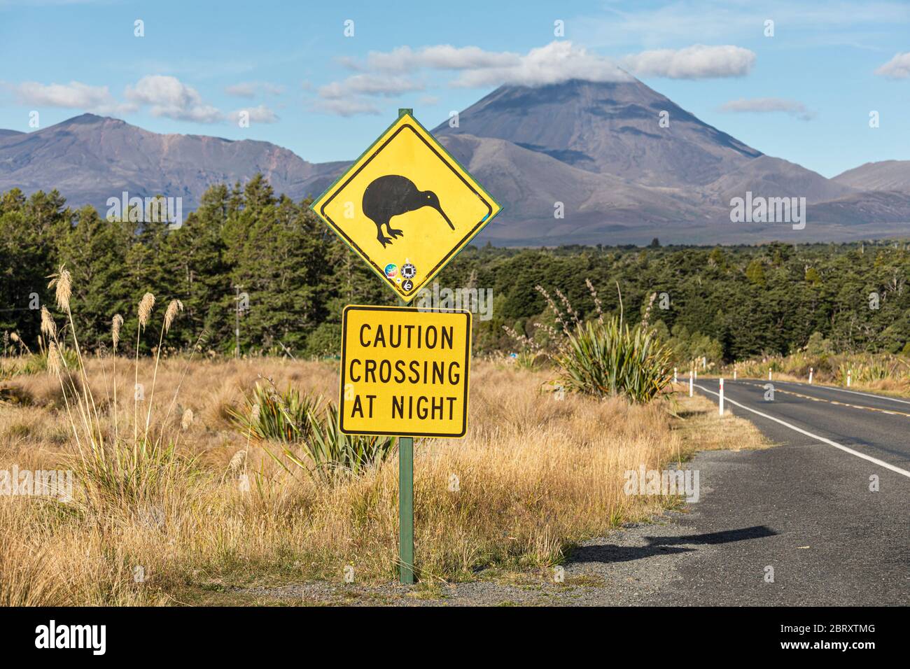 Kiwi warning sign on the road to Tongariro National Park, North Island, New Zealand Stock Photo