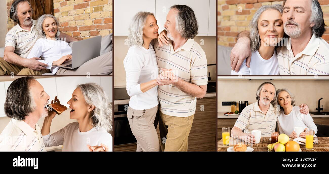 collage of mature couple dancing, eating breakfast and using laptop Stock Photo