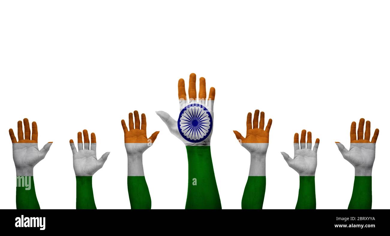 India national flag written on hand isolated on white background. Human equal rights concept Stock Photo