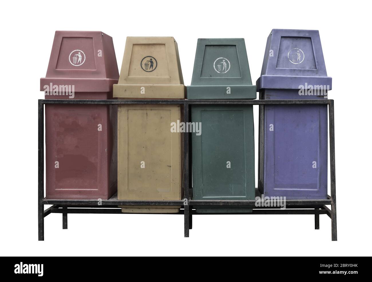 Old four colorful recycle bins isolated on white background. with clipping path. Stock Photo