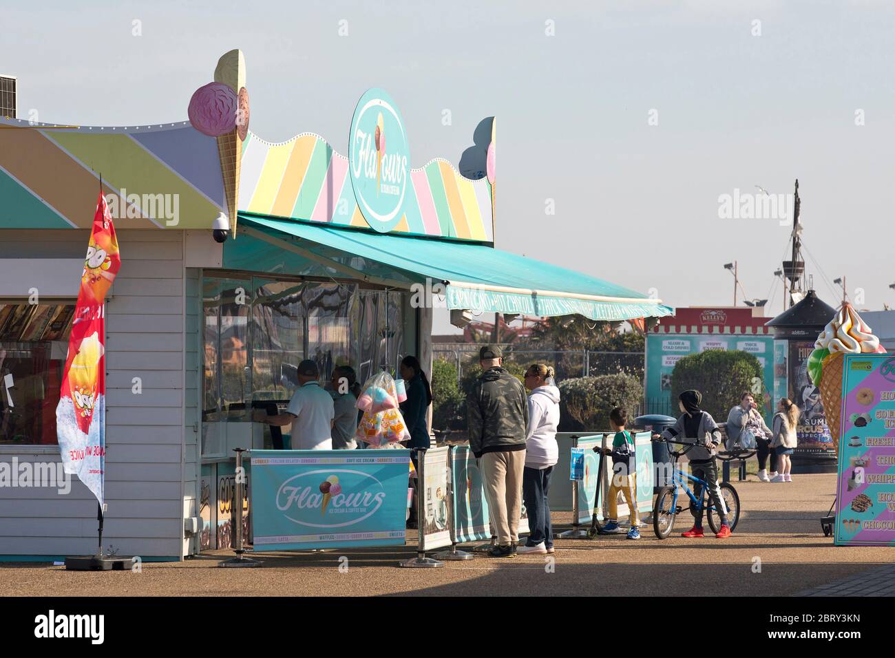 20th May 2020. Great Yarmouth, UK. As restrictions ease some seasonal traders like Flavours Ice Cream & Coffee Bar in Great Yarmouth see a gradual return of business as more local people visit the resort's golden mile. Stock Photo