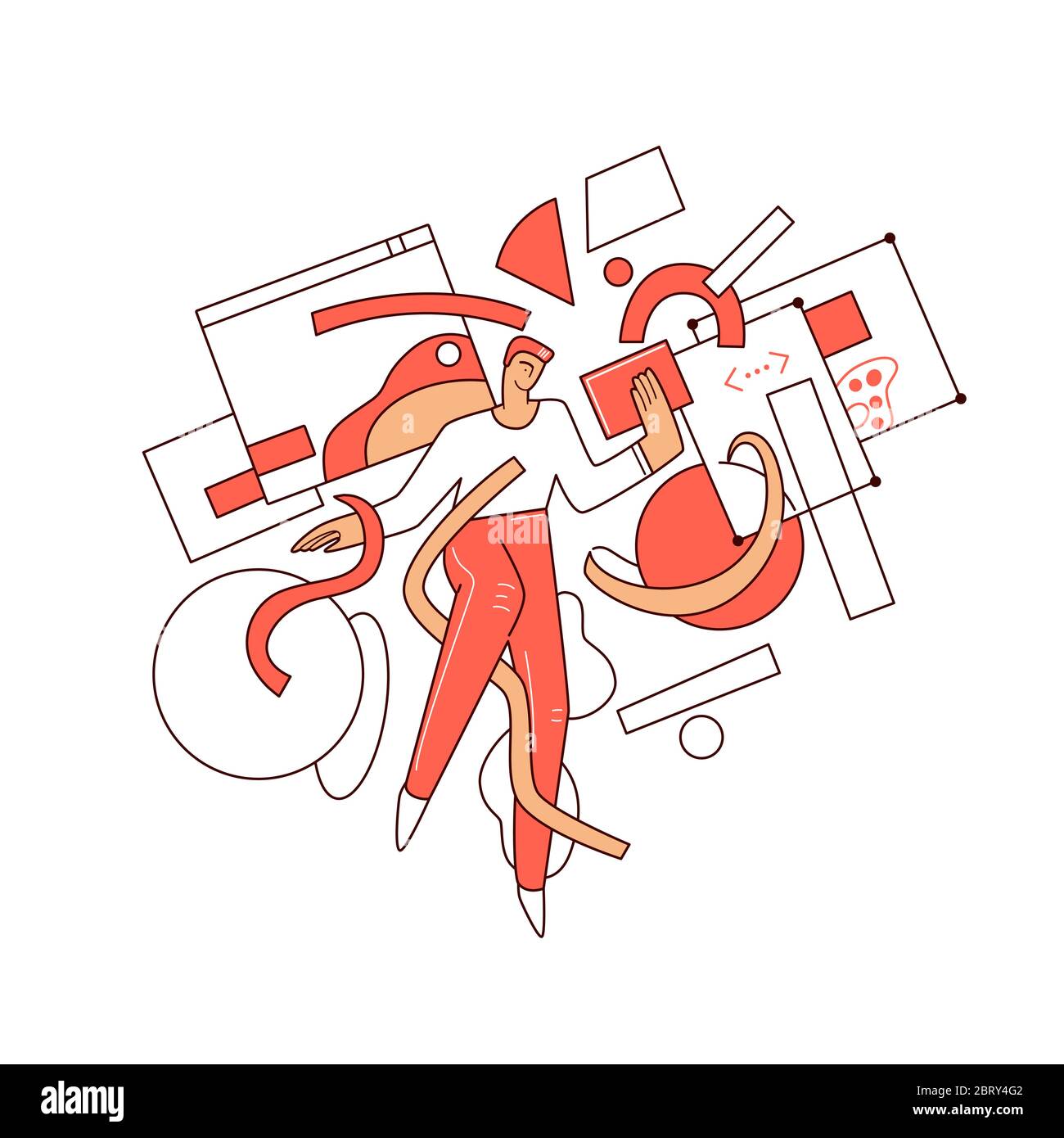 Online education vector flat concept - Man character flying around abstract educational elements, web app, video course in computer, science, art Stock Vector