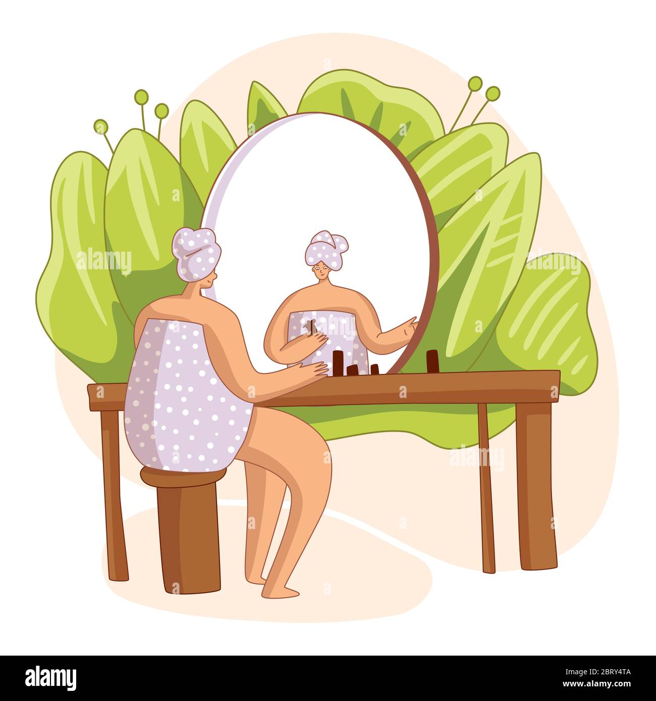 Girl, sitting in front of mirror, doing everyday morning routine, cleansing or moisturizing her skin. Personal care, skincare daily routine, hygienic Stock Vector