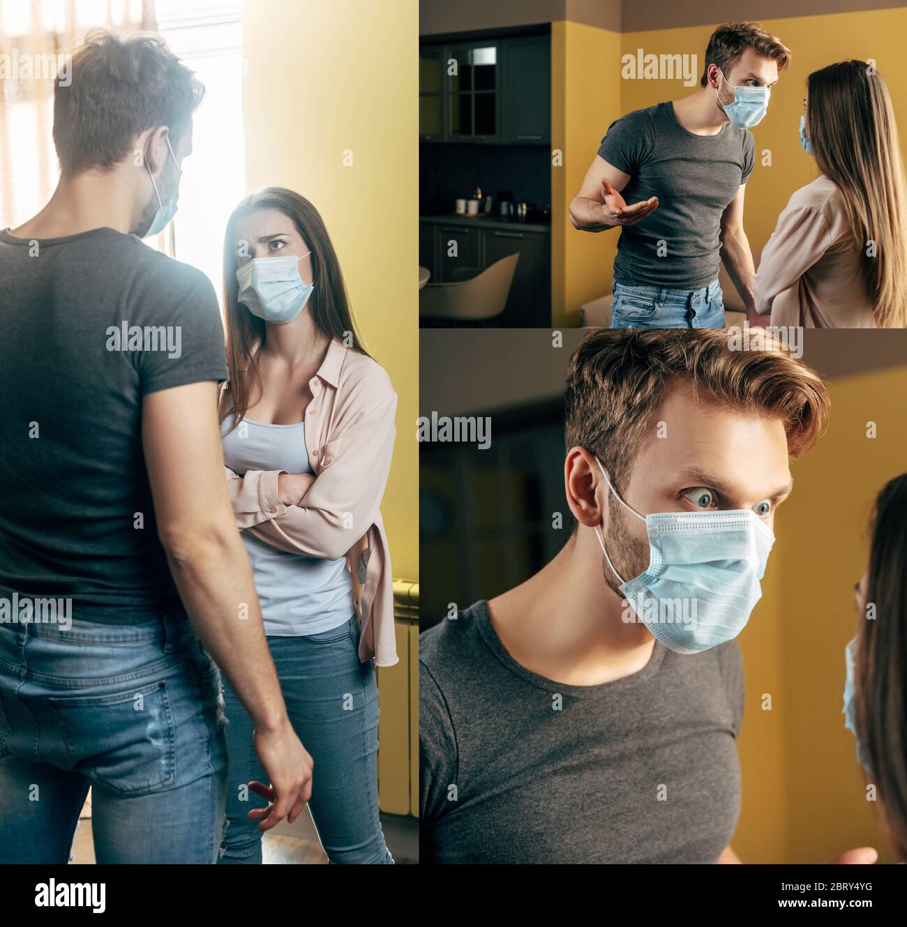 collage of couple in medical masks quarreling at home Stock Photo - Alamy