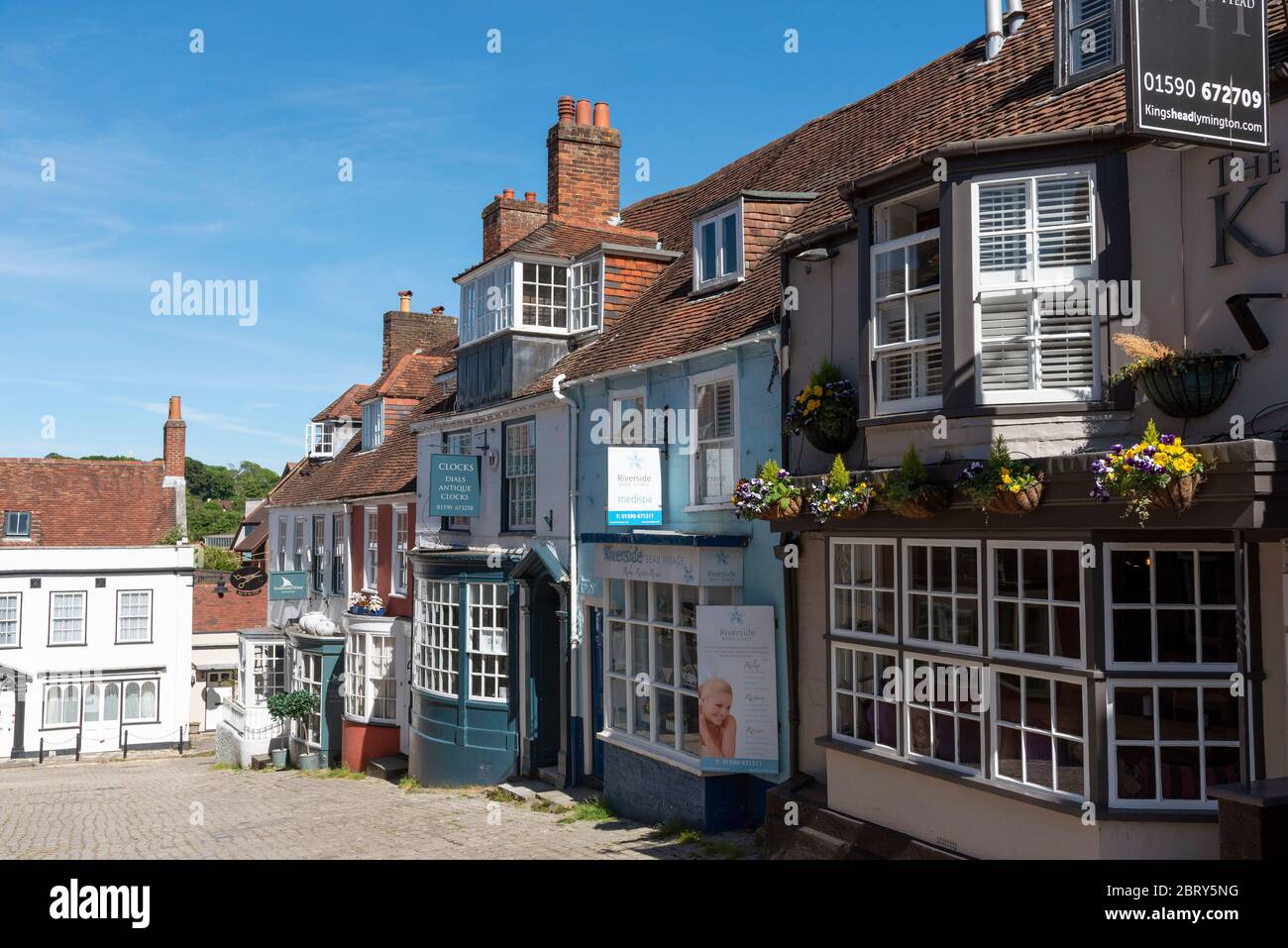 Lymington, Hampshire, England, UK. May 2020. Colourful properties on a  street in Lymington a small town in the New Forest area of southern England. Stock Photo