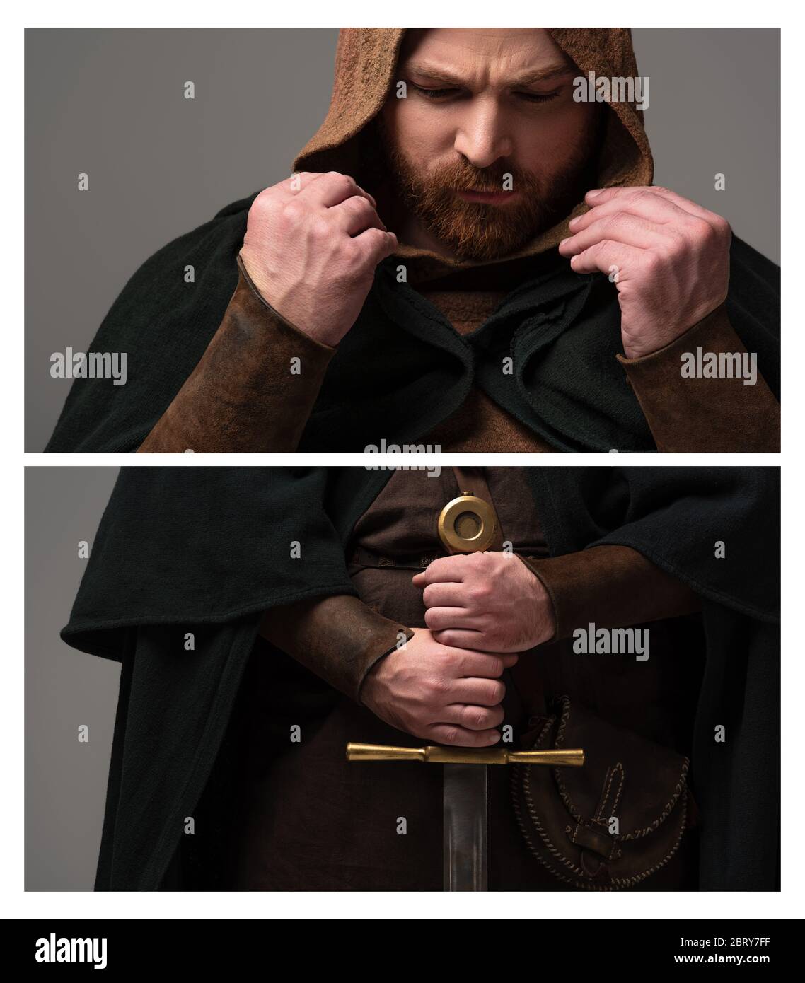 collage of medieval Scottish redhead knight in mantel with sword on grey background Stock Photo