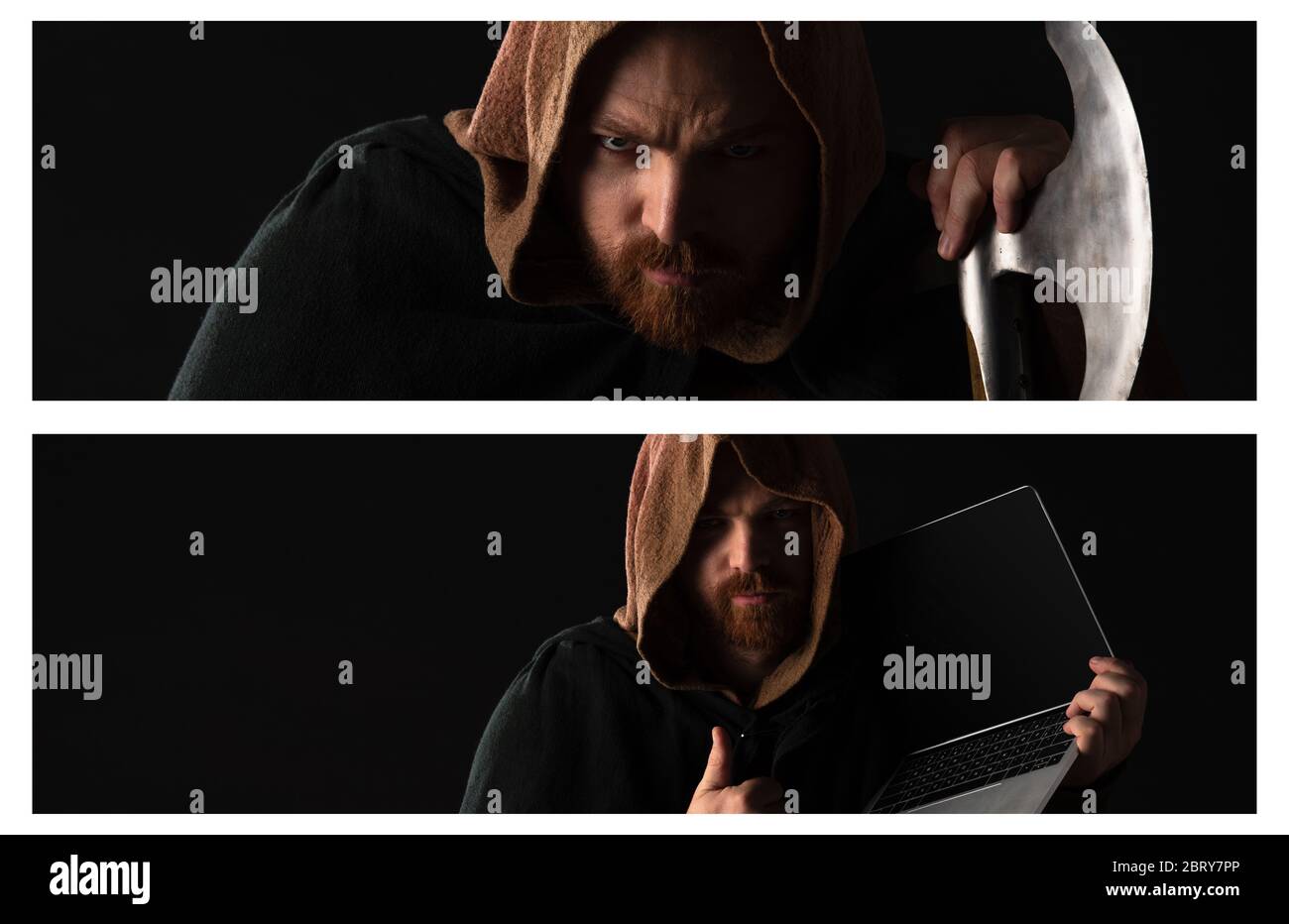 collage of frowning medieval Scottish redhead man with battle axe and laptop in dark isolated on black Stock Photo