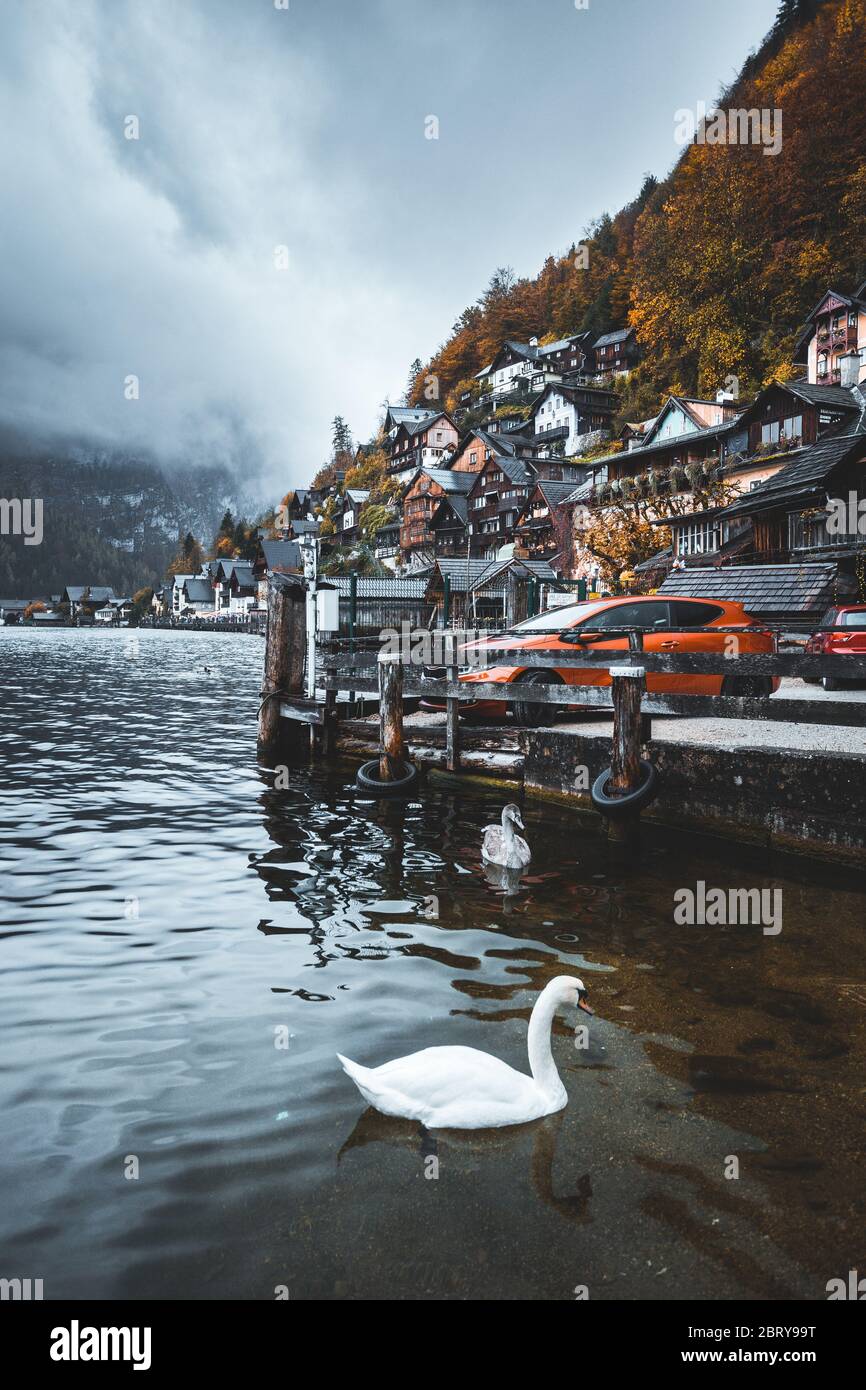 Moody fall scenery of Hallstatt at dawn, a peaceful lakeside village & a UNESCO heritage site in Salzkammergut region of Austria, with fog around, bea Stock Photo